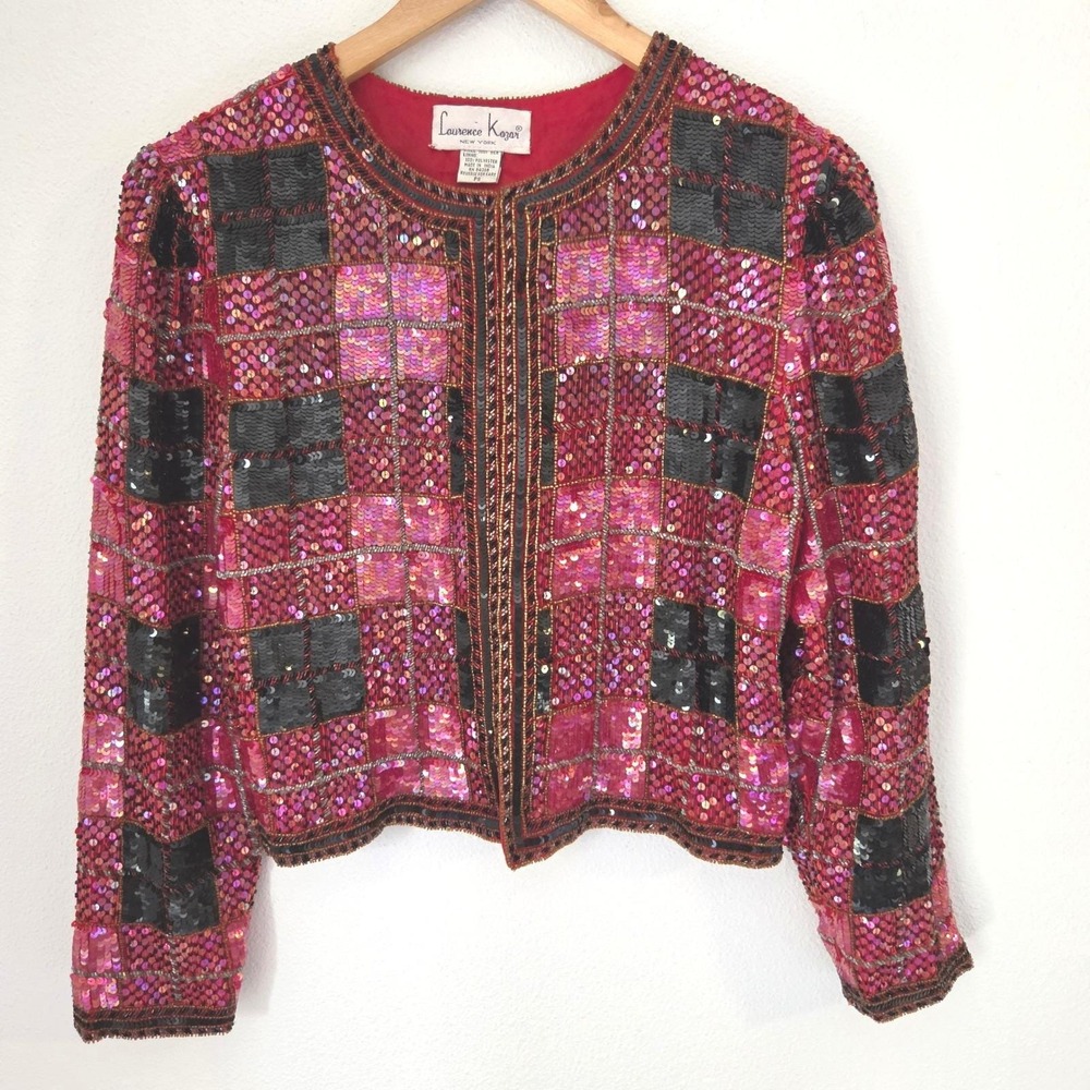 Laurence Kazar Vintage Pink Black Sequin Beaded Silk Cropped Jacket PS